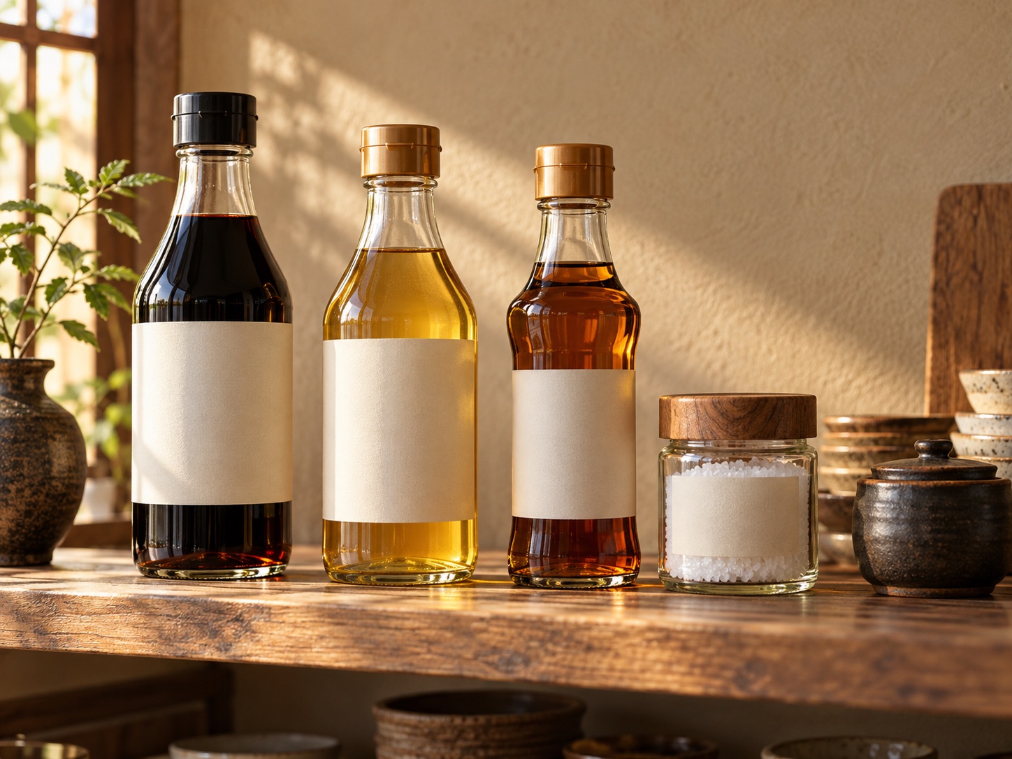 Image photo: seasoning bottles with blank labels lined up on a shelf