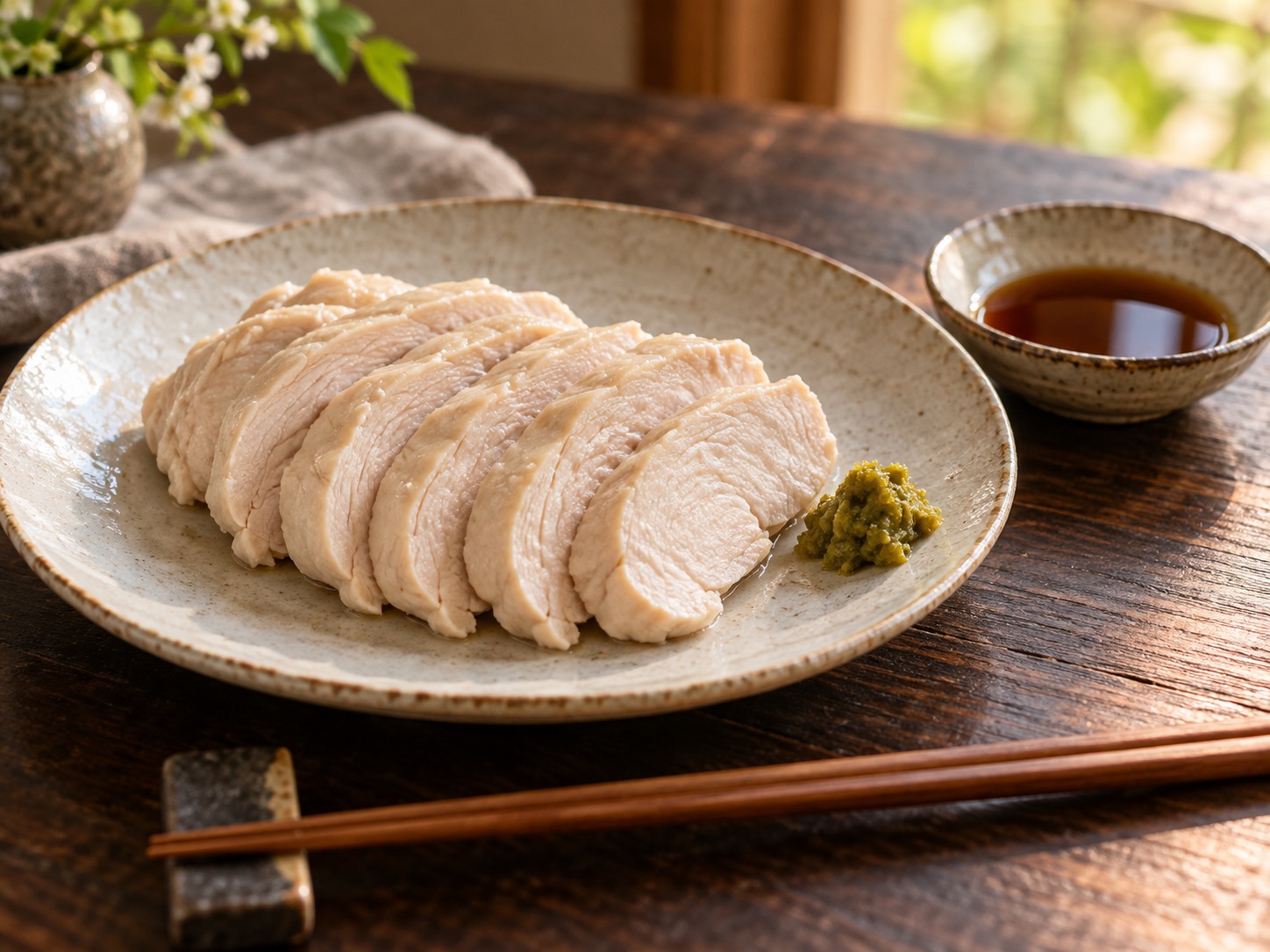 Image photo: sliced steamed chicken with a dab of yuzu kosho