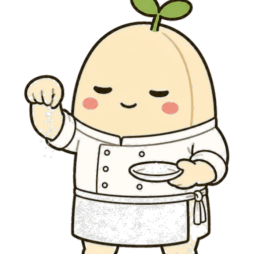 整え上手タイプの豆のキャラクター。白いコックコートで塩をひとつまみする料理人の姿