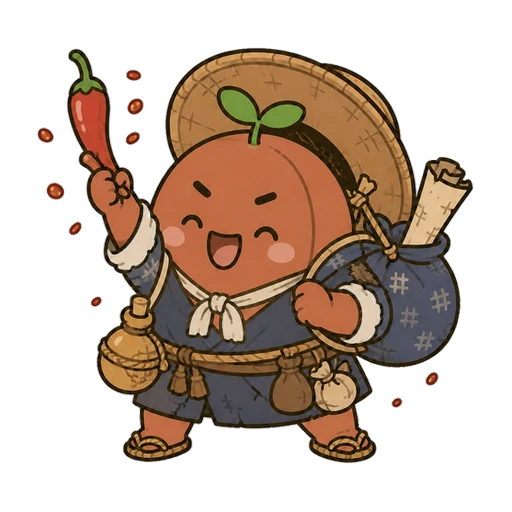 冒険家タイプの豆のキャラクター。笠と風呂敷を背負い唐辛子を掲げた旅人の姿