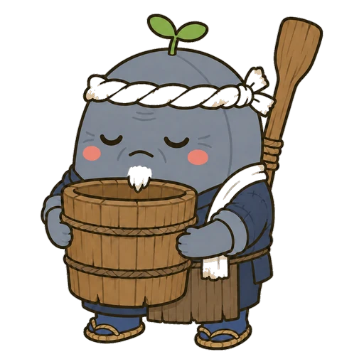 守り手タイプの豆のキャラクター。鉢巻を締め、木桶を抱えた老蔵人の姿